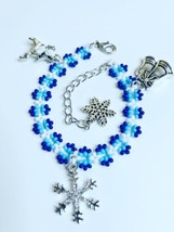 Christmas Holiday Bracelet Charms Silver Blue White Reindeer Bells Beaded Snow - £15.65 GBP