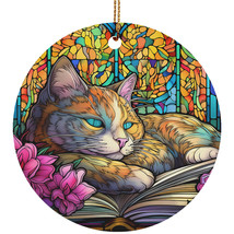 Cute Cat Book Vintage Ornament Colors Stained Glass Art Wreath Christmas Gift - £11.83 GBP