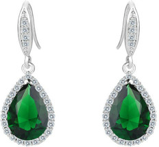 Green Silver-Tone Cubic Zirconia Shinning Teardrop Wedding Bridal Drop Earrings - £35.51 GBP
