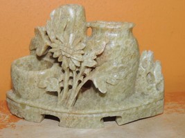 Chinese stone 4.25&quot; Carved flower with vase pot green-beige hard stone - €28,88 EUR