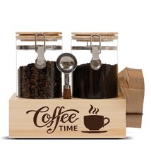 Glass Coffee Canister Set With Shelf &amp; Spoon 2 Piece Coffee Containers F... - £48.54 GBP