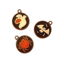 3 Copper Enamel Assorted Mix Halloween Bead Drop Charms Bat Spider Ghost  - £3.15 GBP