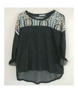 Olivia Moon Charcoal Gray 3/4 Sleeve Textured Hi Low Shirt W/ Aztec Desi... - €11,23 EUR