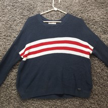 Hollister Sweater Men Medium Navy Blue Red White Stripe Crew Neck Waffle Knit - £9.93 GBP