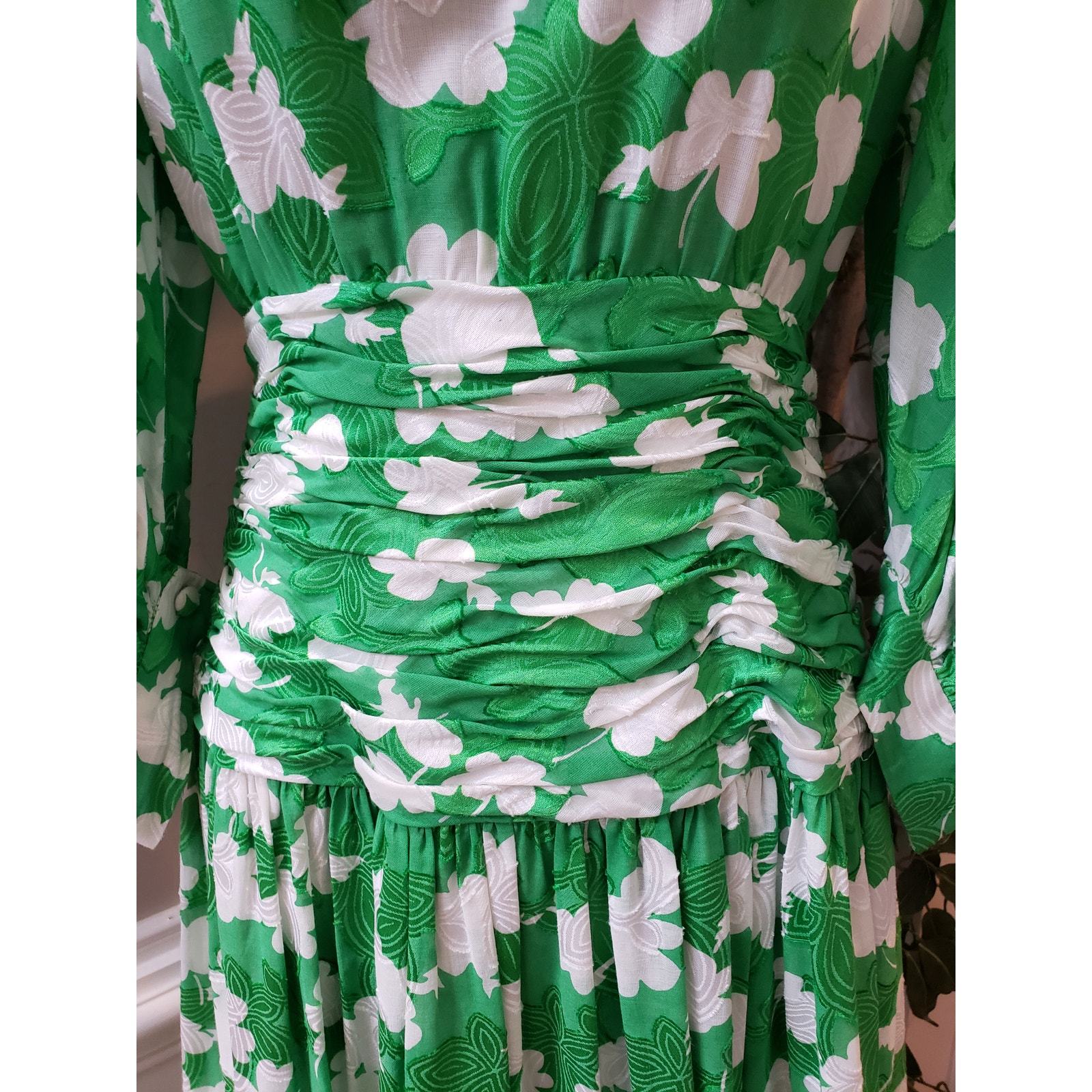 VTG Maxi Dress Women's Small Green Floral Lined Crew Neck Long Sleeve Back Zip Item image 4