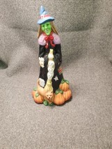 VTG Halloween Smiling Witch Cat Broom Skull Patch 10” Ceramic Tea Light Figurine - £10.51 GBP