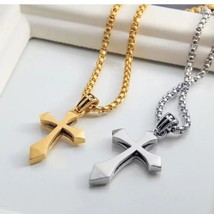 Men Women Small Cross Pendant Catholic Christian Necklace Stainless Steel 24" - £8.75 GBP