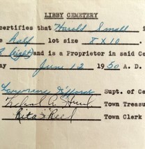 Libby Cemetery Plot Certificate Signed Official 1950 Harmony Maine DWS9A - $29.99