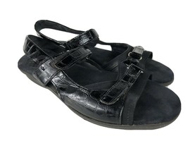 1803 Comfort Footbed Sandals 9 Black Slingback Strappy Womens Patent Leather r - £8.87 GBP