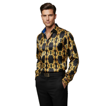 Men Oscar Banks Turkey Shirt Satin Singer Performer 6268-07 Black Gold Floral image 5