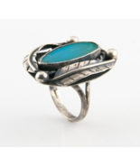 Vintage Silver Ring w/ Flush Set Turquoise (Size 7) Accented by Silver L... - £58.37 GBP