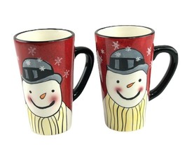 Sakura Set Of 2 Snowman Smiles Collection Tall Latte Coffee Cups/ Mugs 6&quot; - £17.46 GBP