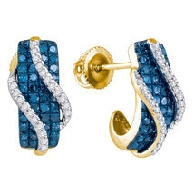 10kt Yellow Gold Womens Round Blue Color Enhanced Diamond Half J Hoop Earrings - £485.55 GBP