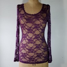 Bozzolo Top Size M Purple Lace Overlay Stretchy Long Sleeve Floral Mesh ... - £10.80 GBP