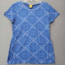 Joe Fresh Women Shirt Size L Blue Floral Short Sleeve Lightweight Round Neck Top - £8.42 GBP