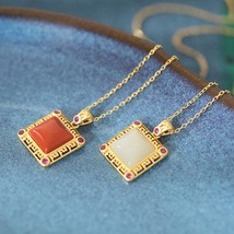 Natural Hetian Jade or South Red Agate Stone Square S925 Pendant Necklace - £38.72 GBP