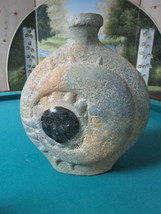 Vase Cement Studio Pottery Sun Face Glass Clear Glass Insert 14&quot; - £186.84 GBP