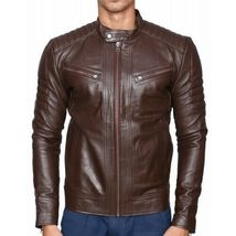 Brown Biker Jacket Genuine Lambskin Men&#39;s Leather Tight Fit Jacket - £134.43 GBP