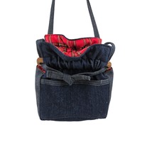 Denim Shoulder Bag Red Plaid Interior Wooden Accents Purse - £13.77 GBP