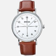 NEW Breda 1646E Men&#39;s Analog Watch Thin Large Silver Dial Brown Leather Band - £38.89 GBP