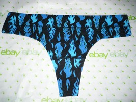 Rue 21 Women&#39;s Cotton Thong Panties MEDIUM Black With Blue Fire Flames New - £7.87 GBP