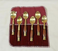 Vintage 6 Pc Thailand Brass Gold Spoons Teak Wood Handles 5 1/4&quot; Maroon Felt Bag - £15.68 GBP