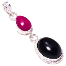 Black Onyx,Ruby Cabochon Gemstone 925Silver Overlay Handmade Double Drop Pendant - £8.44 GBP