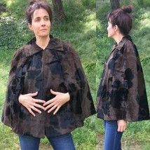 Vintage Poncho faux fur black brown Cow hide look Sz M L - £50.53 GBP