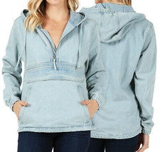 Women’s Premium Cotton Casual Hoodie Half Zip Pullover Denim Jean Jacket - £27.62 GBP