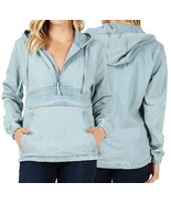 Women’s Premium Cotton Casual Hoodie Half Zip Pullover Denim Jean Jacket - £27.65 GBP