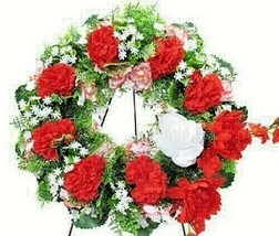 Wreath Of Red Silk Flowers Easel Mount: grave-site Remembrance. - £74.46 GBP