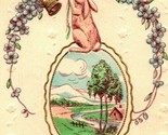  Vtg Postcard 1910s Easter Greetings Embossed Bunny Flower Wreath Bells ... - $4.42