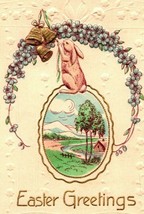  Vtg Postcard 1910s Easter Greetings Embossed Bunny Flower Wreath Bells Unused - £3.50 GBP
