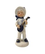 Vintage Enesco Porcelain Figurine Boy With Guitar 1980 Blue White Gold Trim - $21.60