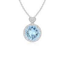 ANGARA Aquamarine Halo Pendant with Diamond Heart Motif in 14K Solid Gold - £956.27 GBP