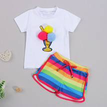  NEW Pom Pom Ice Cream Rainbow Shorts Girls Outfit Set  - £6.94 GBP