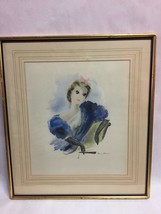 Watercolor Lithograph Portrait of Blue Woman Signed by Artist Framed and Matted - £25.72 GBP