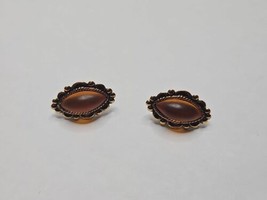 Vintage 1970s Earrings, Oval Shape Amber Color Stone Costume Jewelry, Go... - $9.99