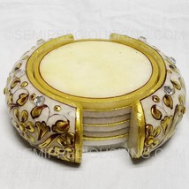 Natural Marble 7 Piece Set Holder &amp; Tea Coaster 24K Gold Foil Handcrafted Home D - £107.44 GBP