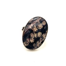 Vintage Signed Sterling Mexico Oval Red Snowflake Obsidian Cabochon Ring 6 1/2 - £35.60 GBP