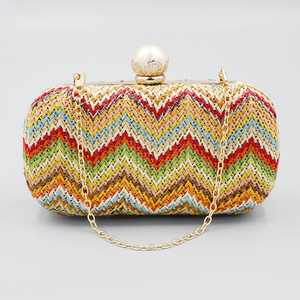 Women Straw Evening Bag Multi-color Woven Clutch Cross-body  Lock Wallet Purse F - £56.39 GBP