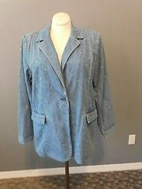 Quacker Factory Denim Look Jacket w/Rhinestones Sz Lg Blue One Button Pockets - £15.68 GBP