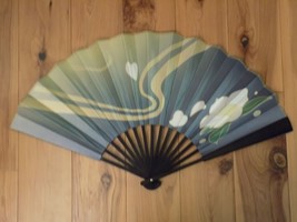 Japanese Art Print Silk Hand Folding Fan Fashion Blue &amp; Yellow Flowers/H... - £27.06 GBP