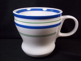 Starbucks coffee mug vitreous china white blue &amp; green stripes 2007 12 oz - £7.93 GBP