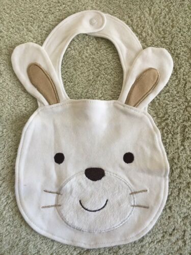 Just One Year White Bunny Rabbit Baby Bib Fleece Brown Ears One Size - $4.41