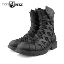 High-Top Punk Shoes Men Ankle Trainers Genuine Leather Mesh Patchwork Back Zip M - £165.47 GBP