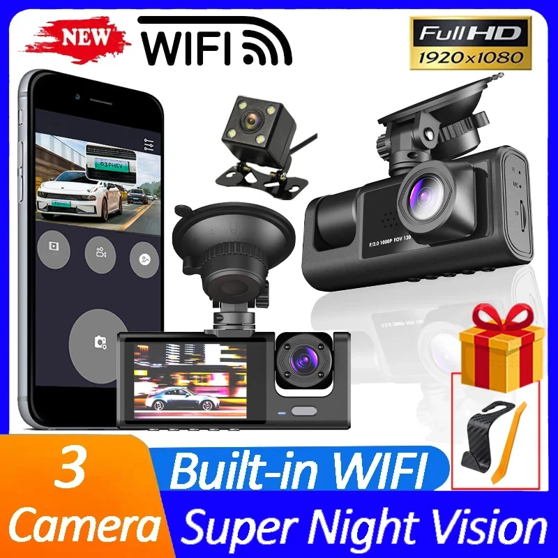 3 Camera Dash Cam for Cars 2Inch WIFI Vehicle Recorder Car DVR Rear View Camera - £33.26 GBP+