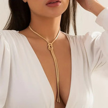 Y-Shaped Long Tassel Snake Bone Knot Chain Necklace Gold - £11.13 GBP