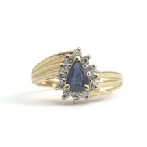 Vintage Pear Blue Sapphire Diamond Halo Ring 14K Yellow Gold, 3.03 Grams - £389.24 GBP
