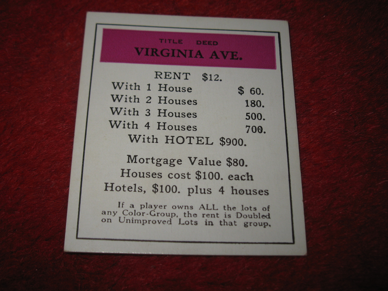 1952 Monopoly Popular Ed. Board Game Piece: Virginia Ave - Title Deed - $1.00